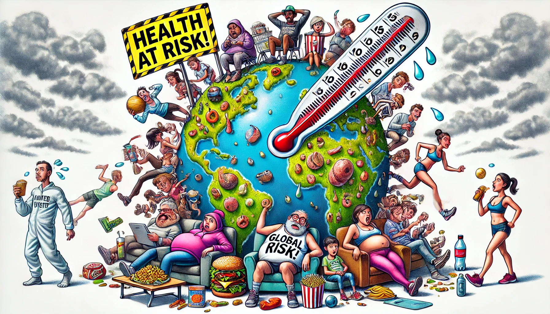 DALL·E 2025-01-07 22.39.16 - A striking and humorous caricature illustrating the issue of 1.5 billion people worldwide endangering their health. The image shows a crowded globe wi